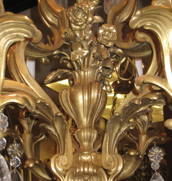 Antique Louis XV Style Ormolu Bronze Chandelier with Rock Crystal Pendants