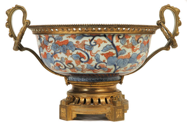 Antique Japanese Imari Centerpiece Bowl with Bronze Handles & Mounts