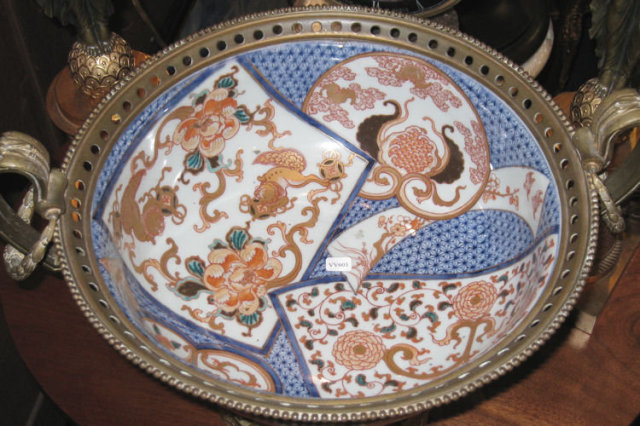 Antique Japanese Imari Centerpiece Bowl with Bronze Handles & Mounts