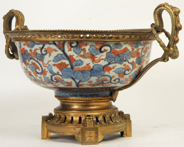 Antique Japanese Imari Centerpiece Bowl with Bronze Handles & Mounts