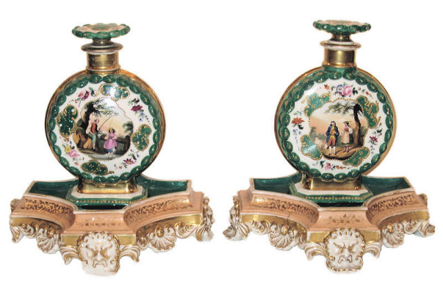 Pair Jacob Petit Porcelain Pedestals & Decanters