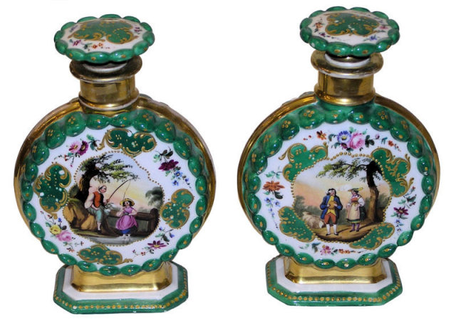 Pair Jacob Petit Porcelain Pedestals & Decanters