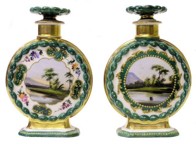 Pair Jacob Petit Porcelain Pedestals & Decanters