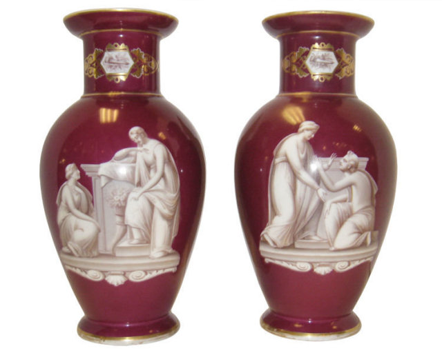Pair of Red Porcelain Vases with Neoclassical Figural Decoration