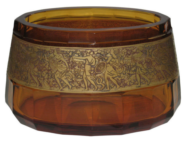 Antique Moser Amber Glass Vase with Amazonian Warrior Motif