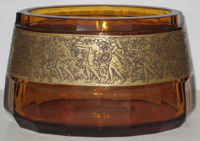 Antique Moser Amber Glass Vase with Amazonian Warrior Motif