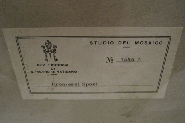 Large Mosaic Plaque Titled Promessi Sposi (The Betrothed) from Vatican Workshop