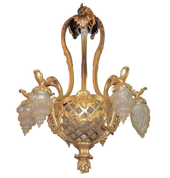Antique French Louis XV Style Basket Form Bronze & Crystal Chandelier