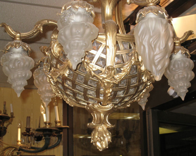 Antique French Louis XV Style Basket Form Bronze & Crystal Chandelier
