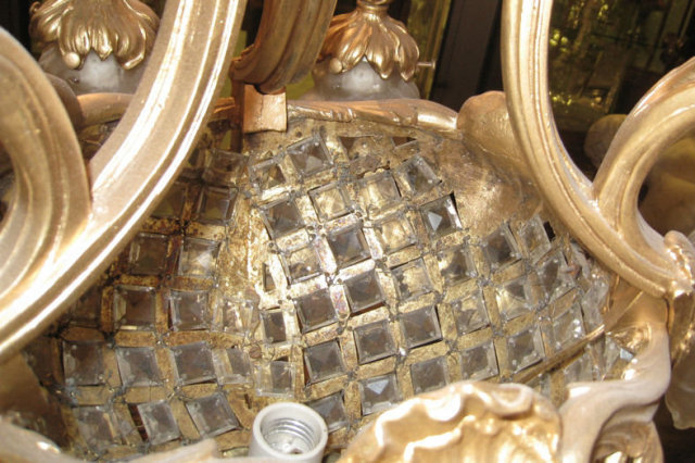 Antique French Louis XV Style Basket Form Bronze & Crystal Chandelier