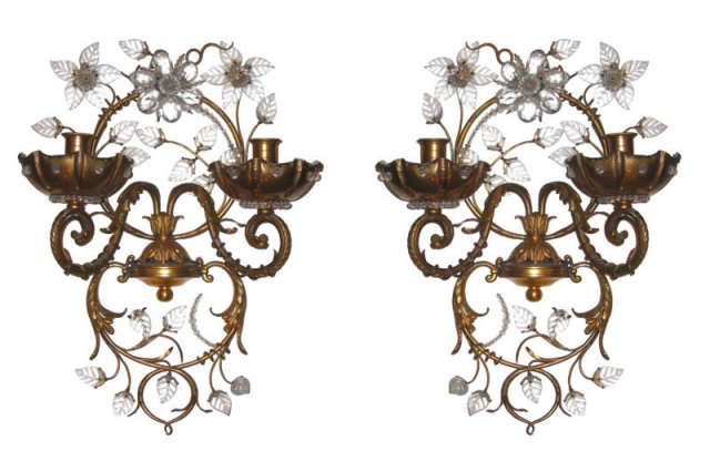 Maison Bagues Style Gilt Brass & Glass Sconces
