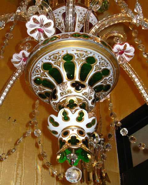 Antique Bohemian White Ruby and Green Overlay Glass Chandelier