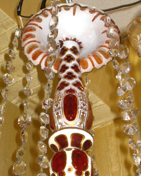 Antique Bohemian White Ruby and Green Overlay Glass Chandelier