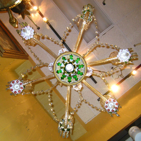 Antique Bohemian White Ruby and Green Overlay Glass Chandelier