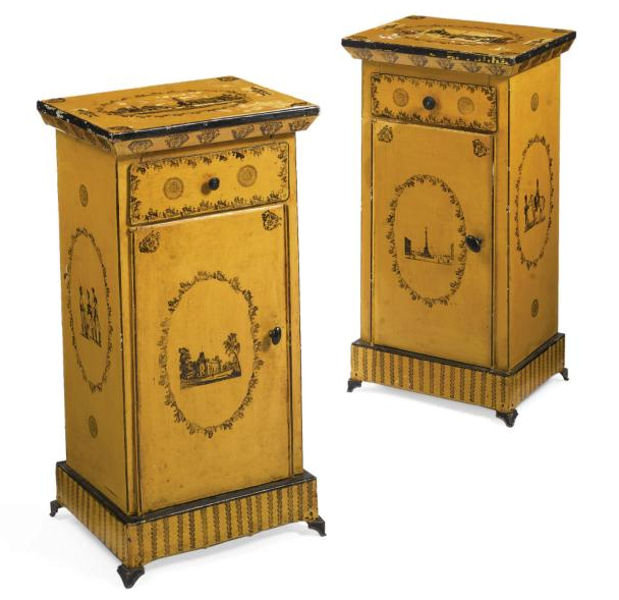 Pair of Antique French Empire Revival Yellow Painted & Stenciled Tole Metal Side Cabinets
