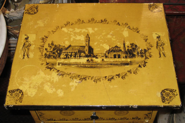 Pair of Antique French Empire Revival Yellow Painted & Stenciled Tole Metal Side Cabinets
