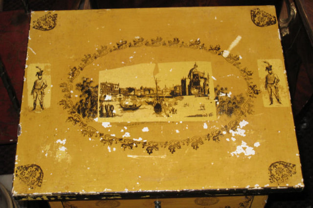 Pair of Antique French Empire Revival Yellow Painted & Stenciled Tole Metal Side Cabinets