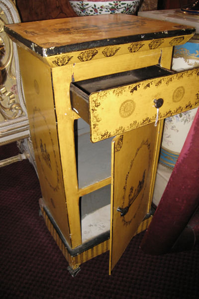 Pair of Antique French Empire Revival Yellow Painted & Stenciled Tole Metal Side Cabinets