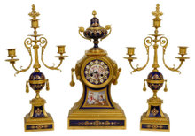 Antique French Ormolu Bronze & Enamel Clock Garniture