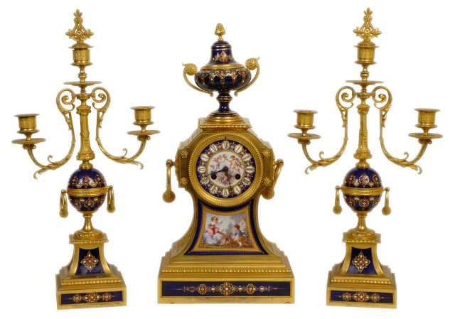 Antique French Ormolu Bronze & Enamel Clock Garniture