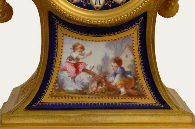 Antique French Ormolu Bronze & Enamel Clock Garniture
