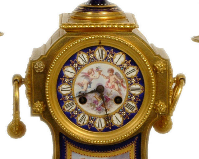 Antique French Ormolu Bronze & Enamel Clock Garniture