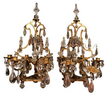 Pair Antique French Gilt Bronze & Crystal Girandole Candelabra