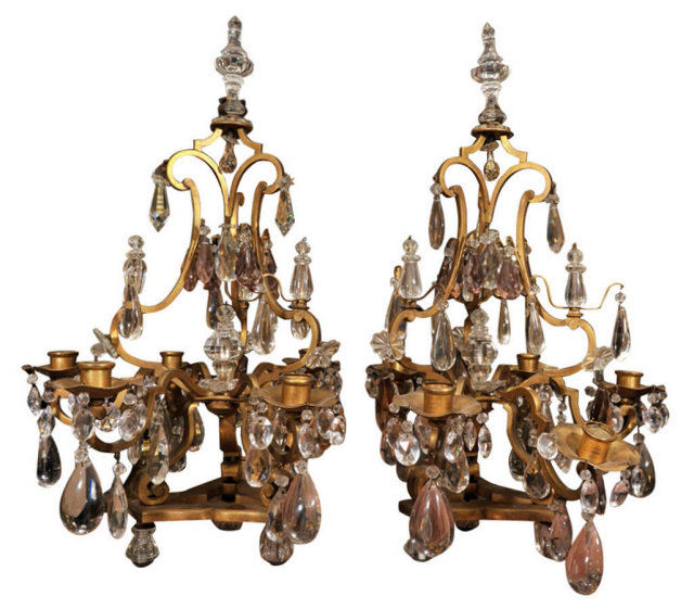 Pair Antique French Gilt Bronze & Crystal Girandole Candelabra