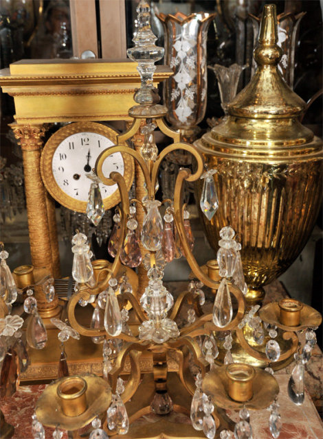 Pair Antique French Gilt Bronze & Crystal Girandole Candelabra