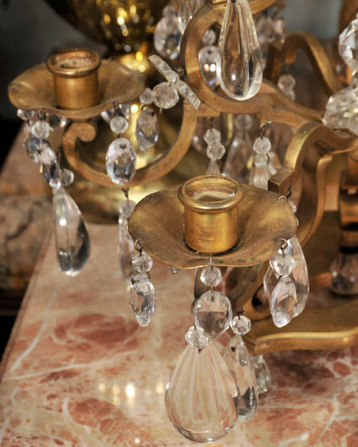 Pair Antique French Gilt Bronze & Crystal Girandole Candelabra