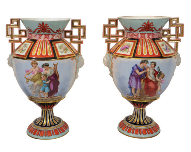 Pair Henri Ardant Limoges Greek Revival Porcelain Vases