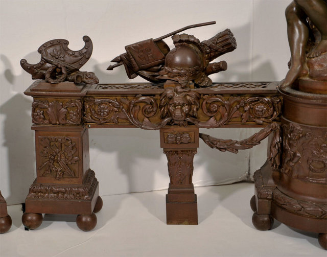 Antique French Louis XVI Armory Motif Andirons Firedogs