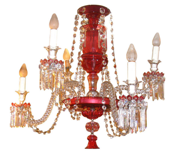 Antique English Ruby Red Glass Crystal Chandelier