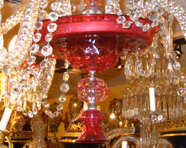 Antique English Ruby Red Glass Crystal Chandelier