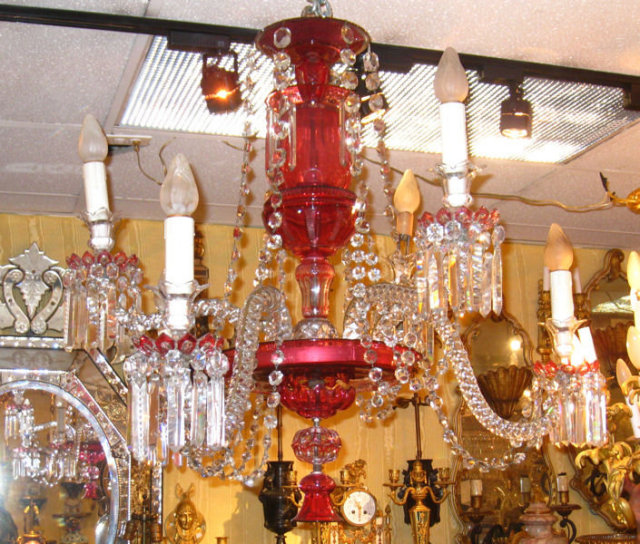 Antique English Ruby Red Glass Crystal Chandelier