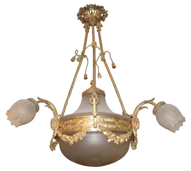 Antique Louis XVI Style Frosted Coupe Bronze Chandelier