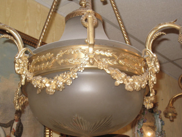 Antique Louis XVI Style Frosted Coupe Bronze Chandelier