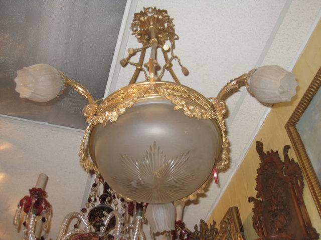 Antique Louis XVI Style Frosted Coupe Bronze Chandelier