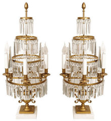 Pair Russian Bronze & Crystal Girandole Candelabra Table Lamps