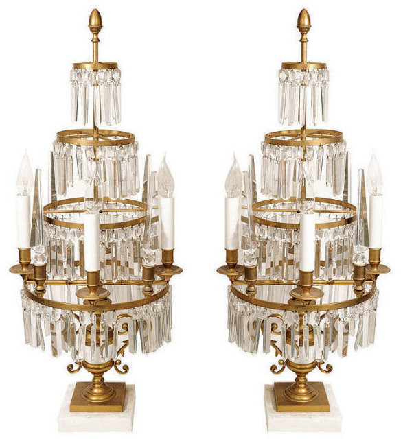 Pair Russian Bronze & Crystal Girandole Candelabra Table Lamps