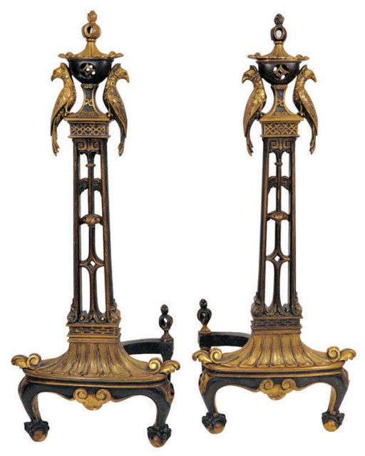 Antique Bronze Andirons with Exotic Birds
