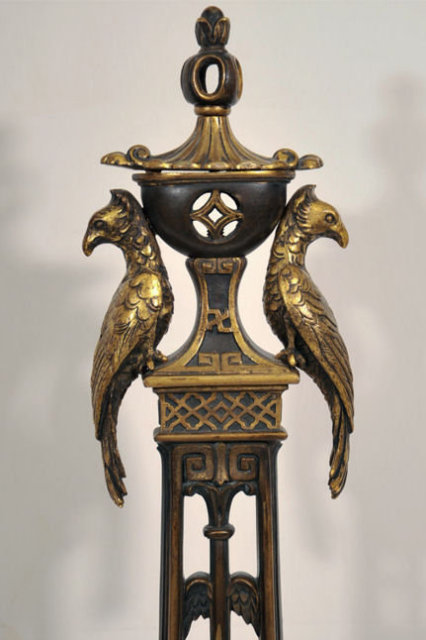 Antique Bronze Andirons with Exotic Birds