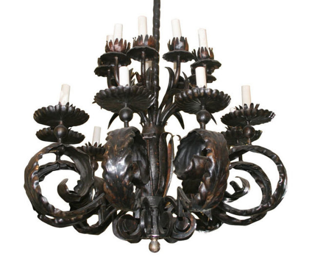 Gilbert Poillerat Style Vintage Wrought Iron Chandelier