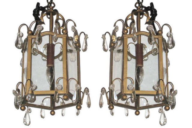 Pair Antique Bronze Lanterns with Crystal Pendants