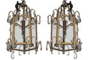 Pair Antique Bronze Lanterns with Crystal Pendants