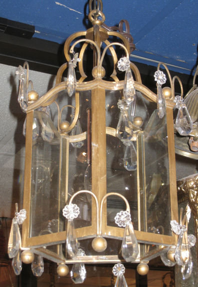 Pair Antique Bronze Lanterns with Crystal Pendants