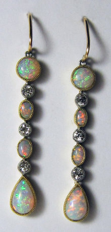Pr Antique Edwardian Opal & Diamond Drop Earrings 1905