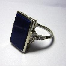 Exquisite 1935 Art Deco Lapis and Diamond Plaque Ring