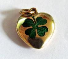 Antique Yellow 15k Gold and Enamel Lucky Four Leaf Clover Pendant / Charm 1915