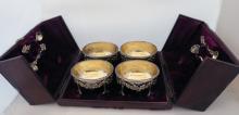 Set 4 Antique English Silver Gilt Grape Vine Leaf Salt Cellars in Case 1875